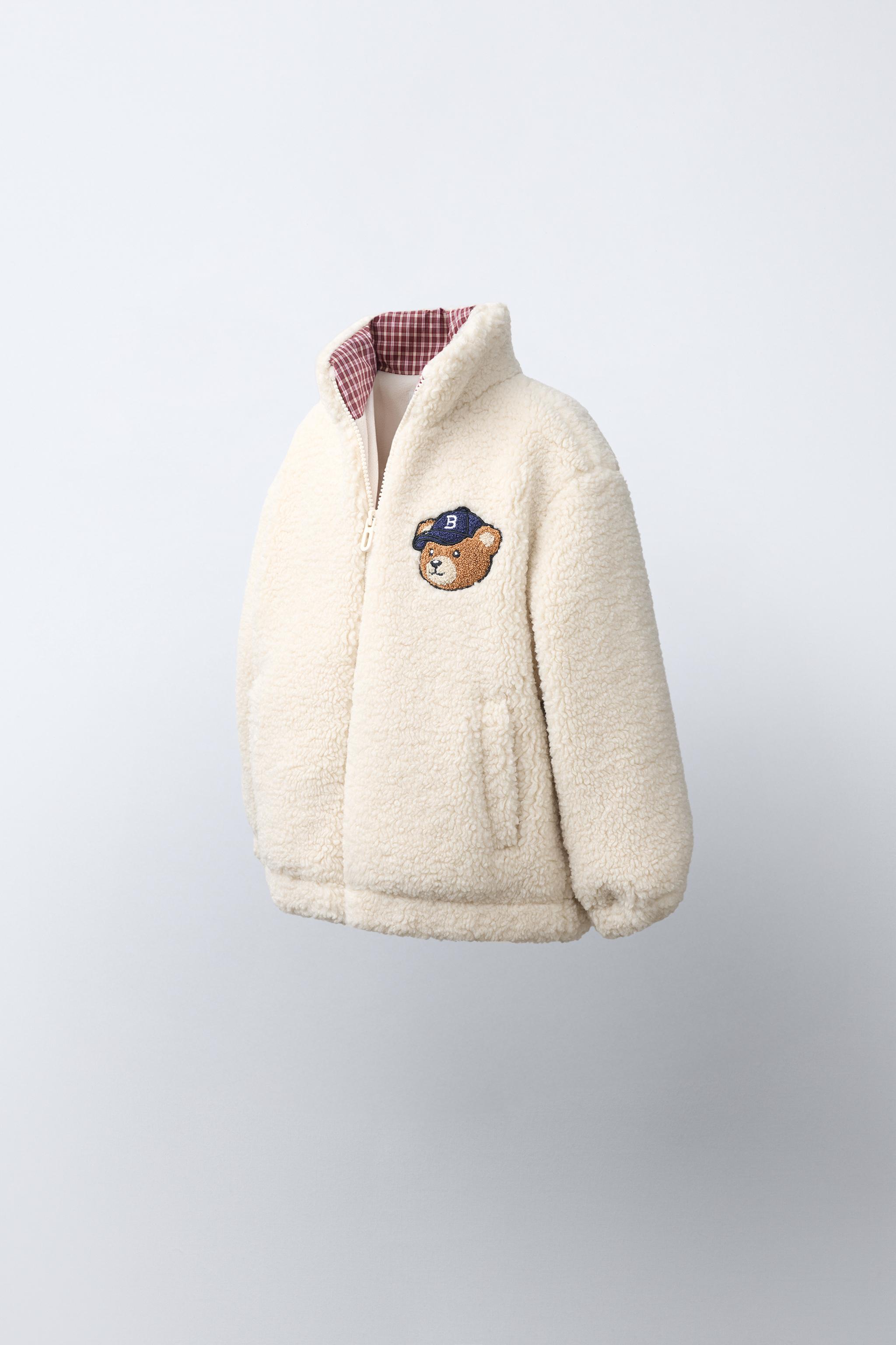 BEAR EMBROIDERY FAUX SHEARLING JACKET